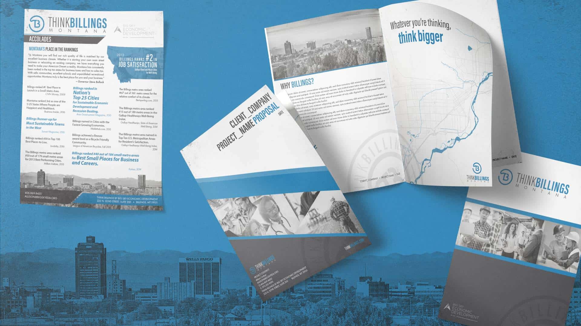 Collateral design for Think Billings to help reach businesses who are looking to expand or relocate, Think Billings is your partner for success.