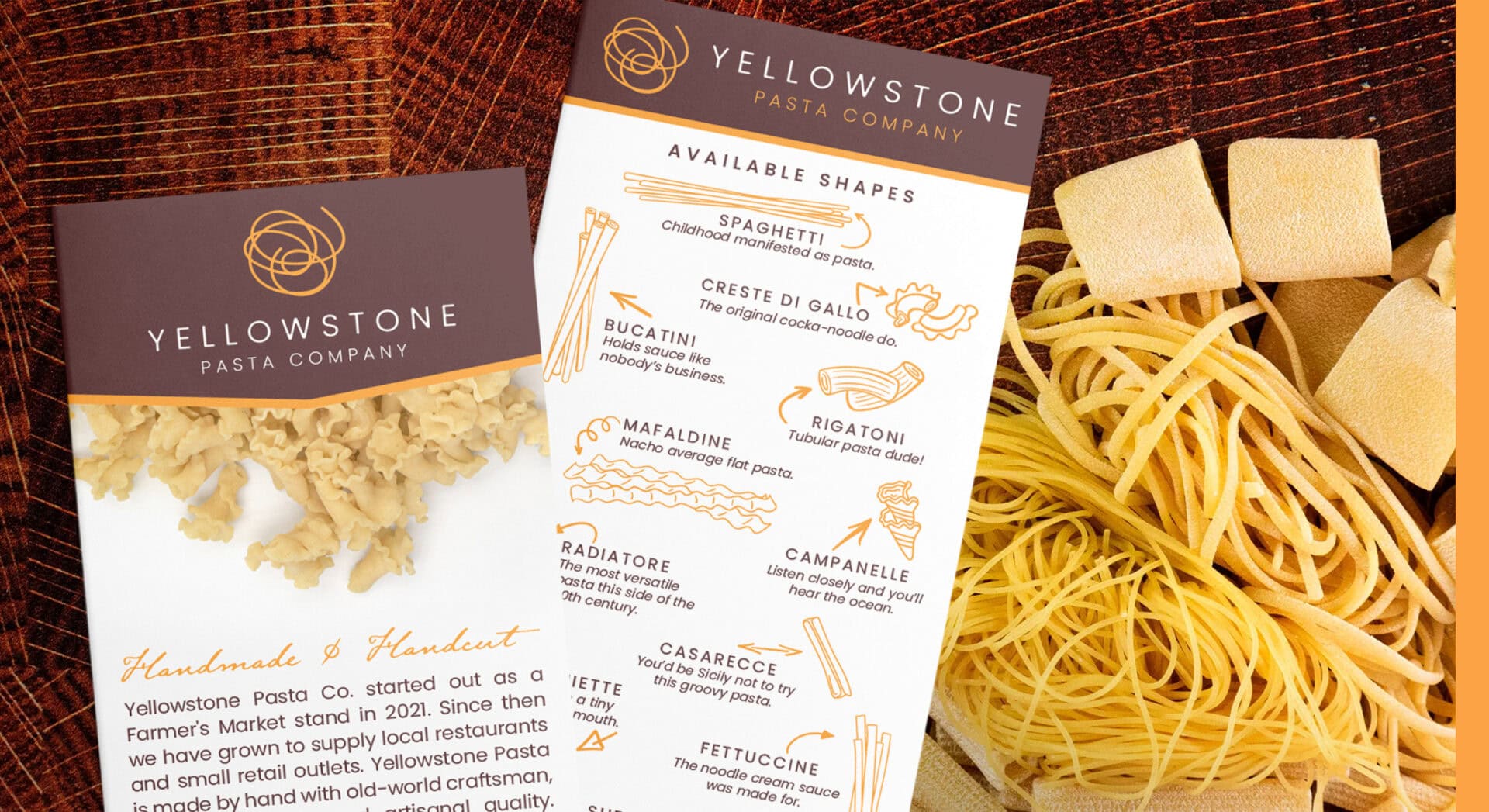 Yellowstone Pasta Company brochure with pasta shapes.