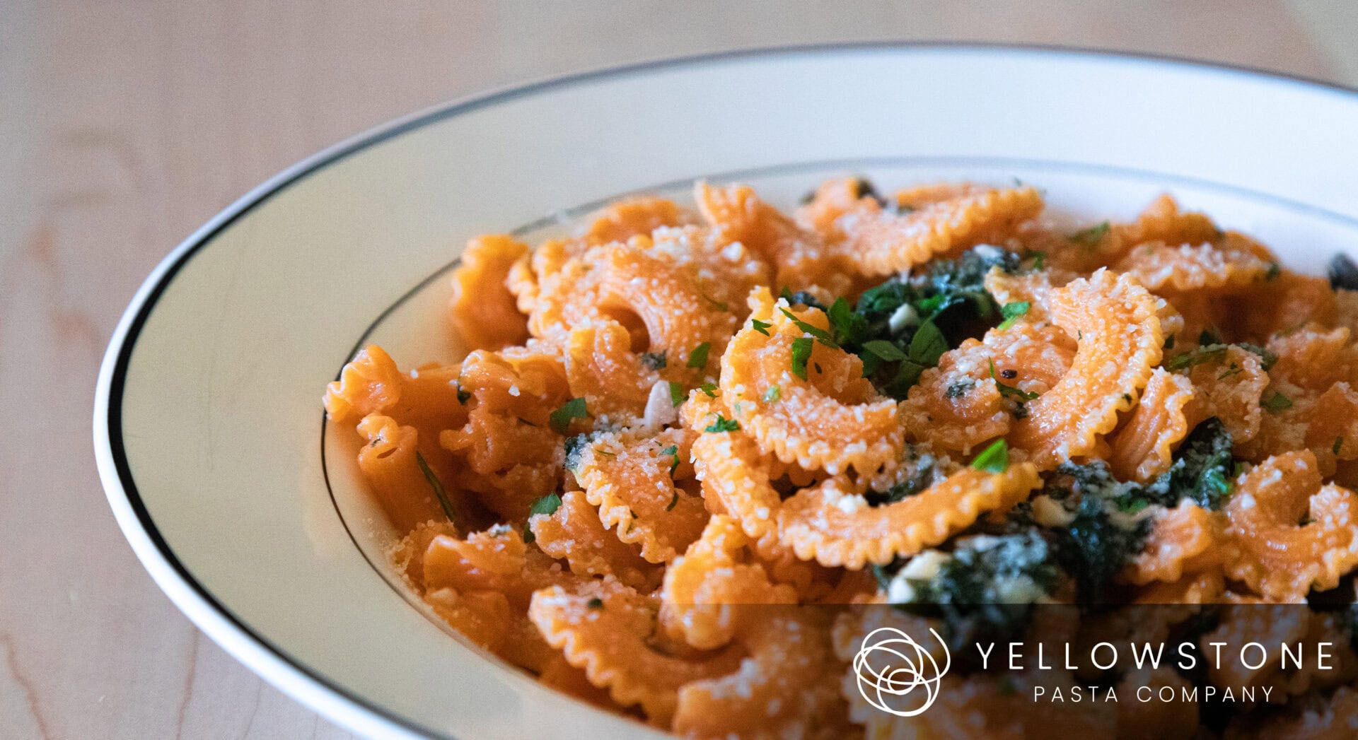 Product Photography for Yellowstone Pasta Company featuring a Plate of creamy pasta with herbs.