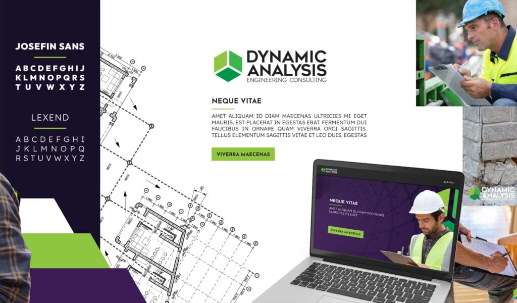 Engineering consulting branding with logo, blueprint, laptop mockup