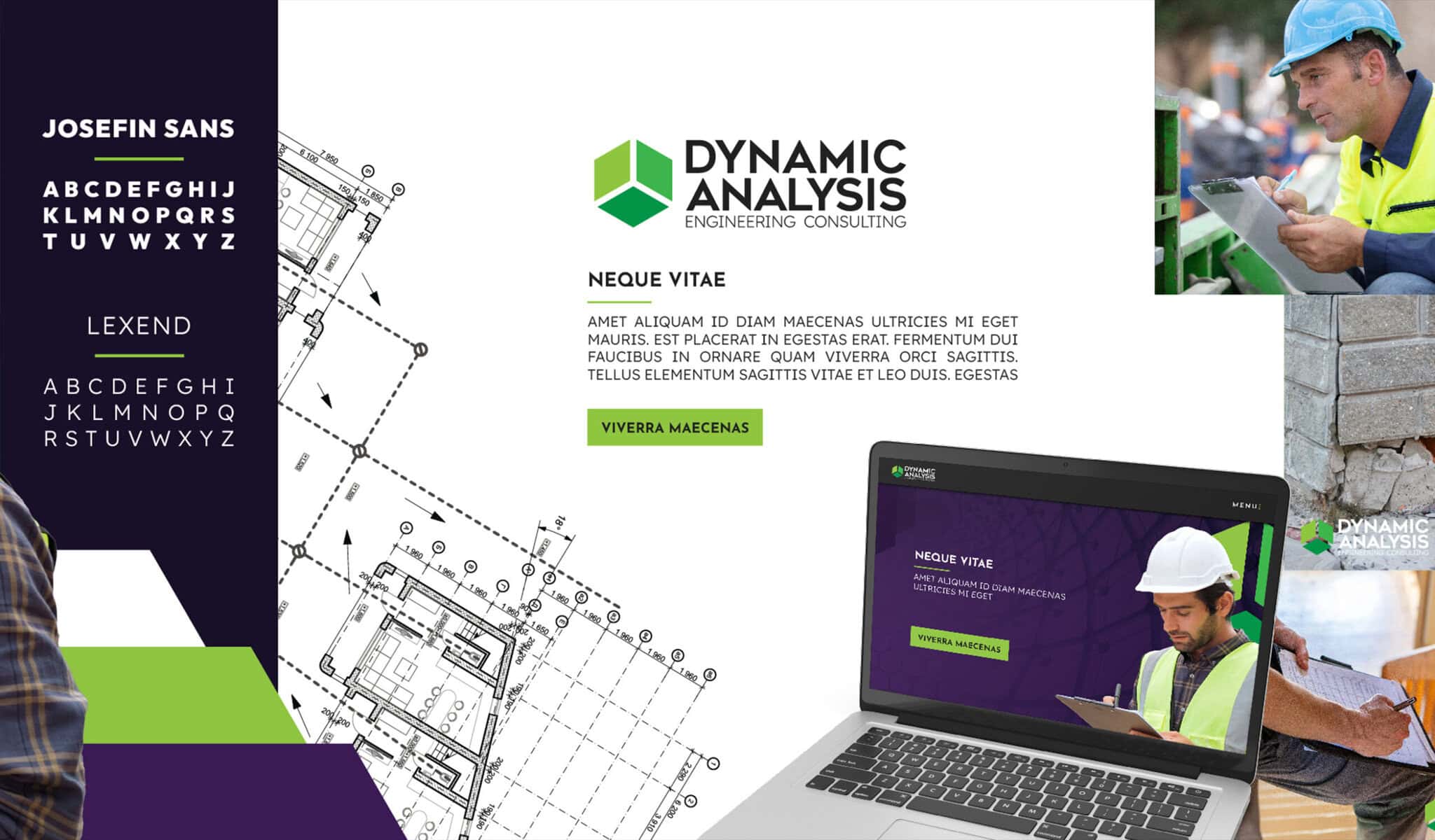 Engineering consulting branding with logo, blueprint, laptop mockup