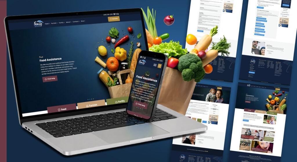 Food assistance website displayed with groceries and laptop