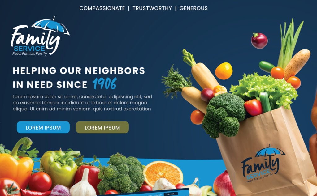 Family Service food donation banner with groceries
