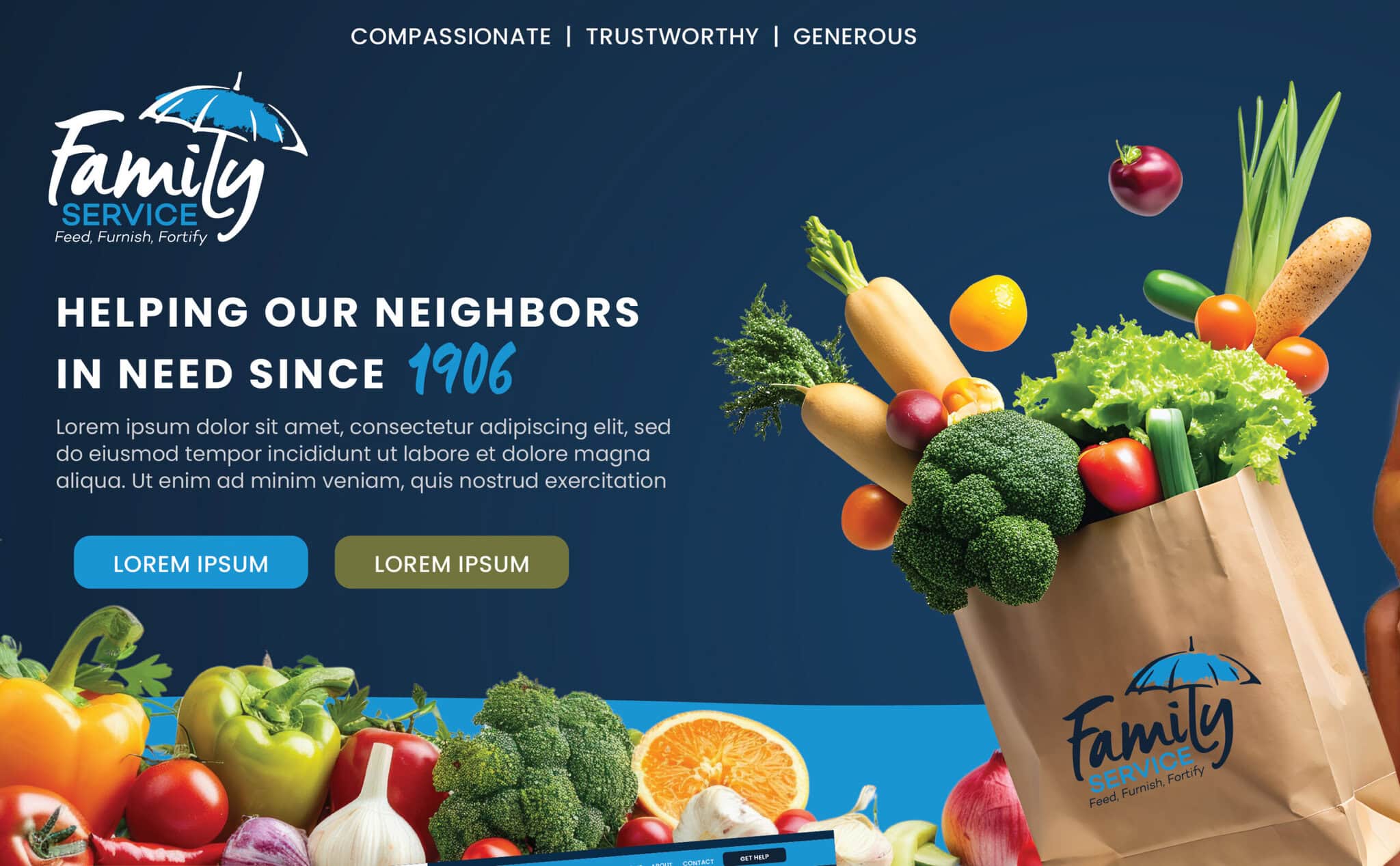 Family Service food donation banner with groceries