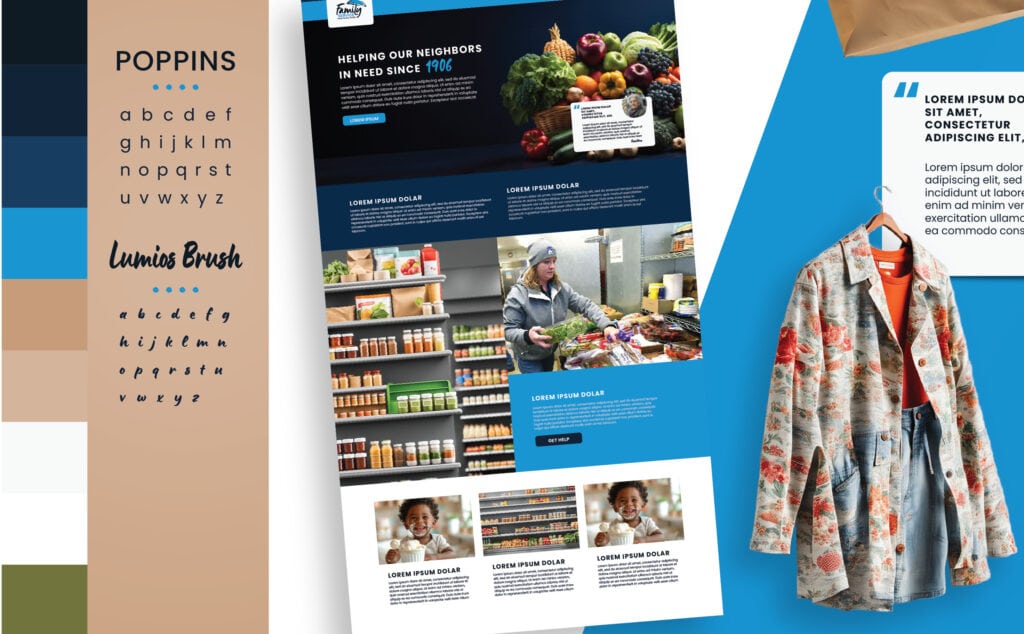 Branding board and nonprofit website design mockup