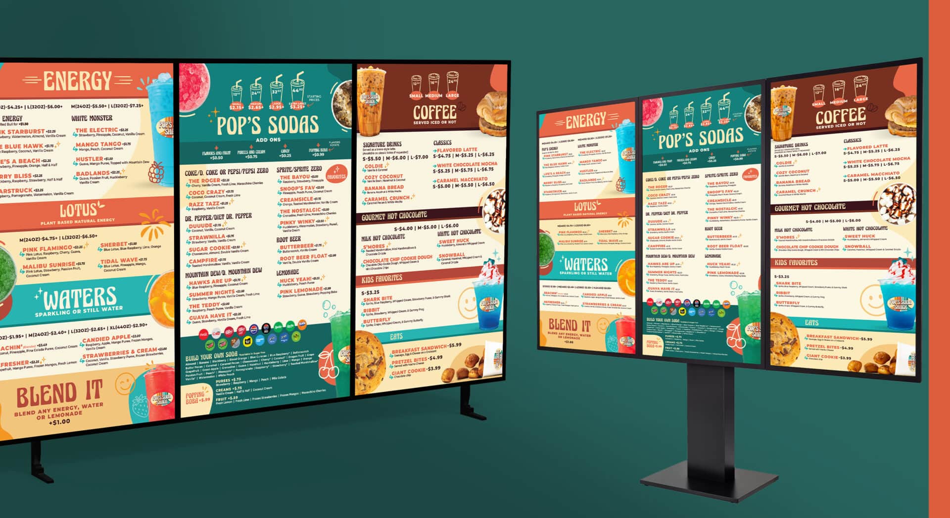 Colorful digital menu boards for soda and coffee shop