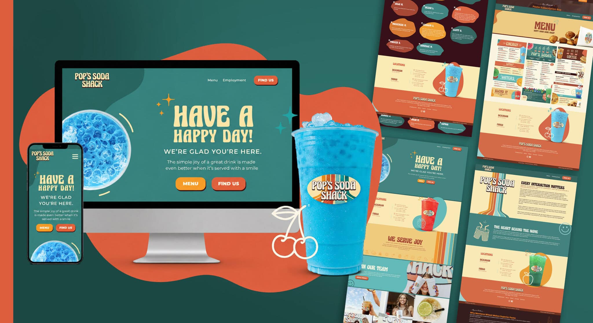 Pop's Soda Shack website mockup with blue drink
